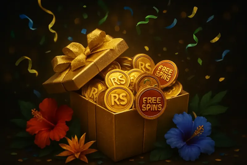 Caixa dourada com moedas de real, fichas de giros grátis, confete de carnaval e flores tropicais em fundo escuro elegante