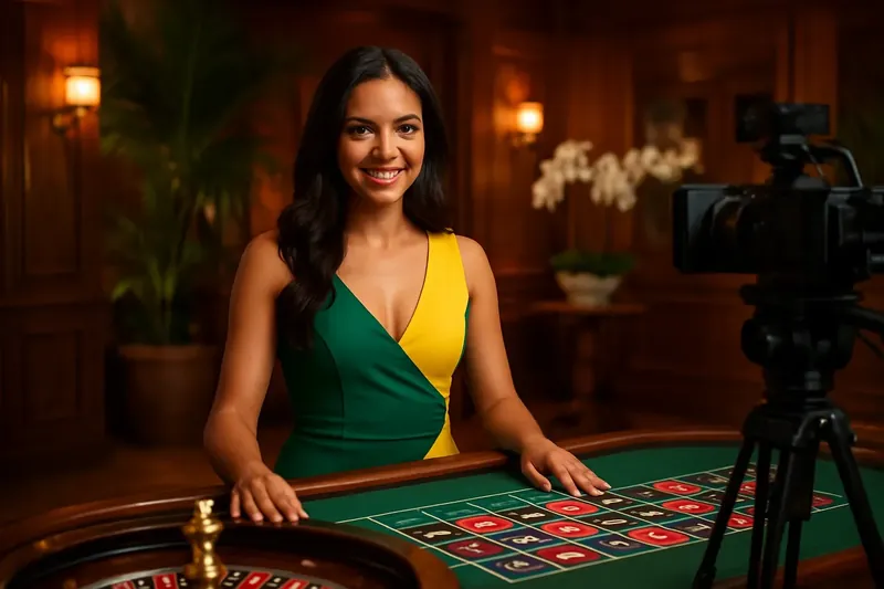 Croupier brasileira elegante em mesa de roleta em estúdio de casino ao vivo com decoração tropical e atmosfera luxuosa