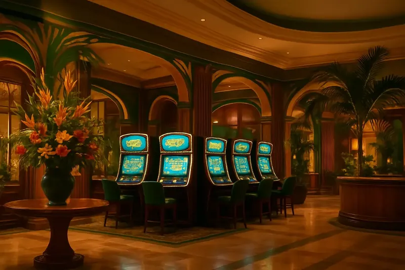 Lobby de cassino elegante com decoração tropical brasileira, flores exóticas e telas de jogos brilhantes