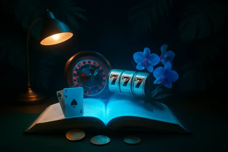 Livro aberto com roleta, caça-níqueis, cartas de blackjack, moedas de real e flores tropicais em mesa de madeira com folhas da Amazônia