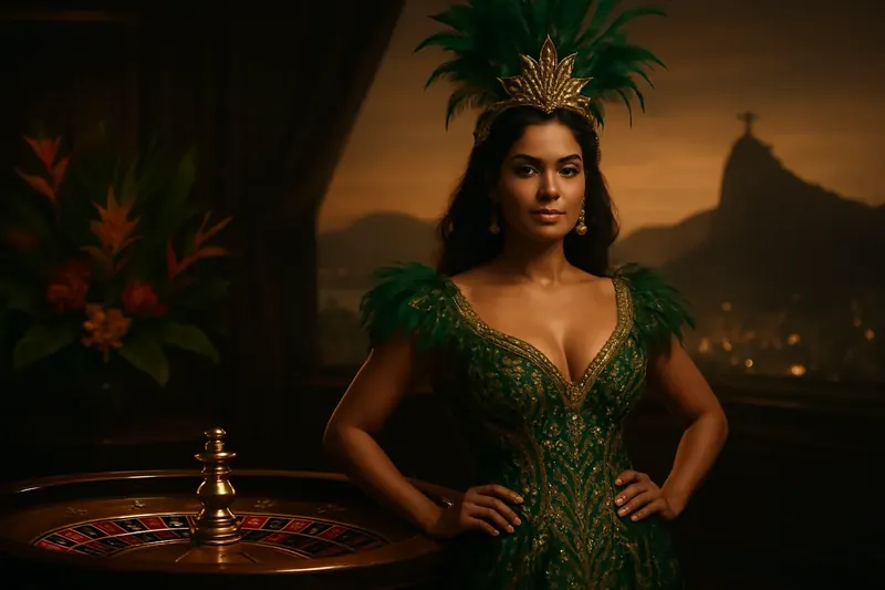 Mulher brasileira elegante em vestido de carnaval ao lado de mesa de roleta com flores tropicais e Cristo Redentor ao fundo