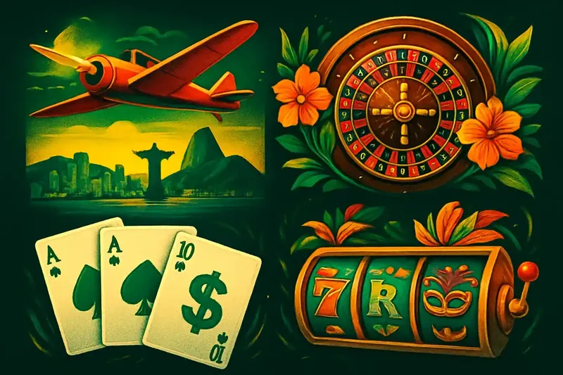 Colagem de jogos de cassino com Aviator, roleta, cartas e slots em tema brasileiro